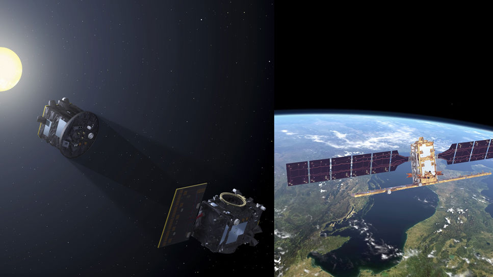 Bild: Till vänster, de två satelliterna inom uppdraget Proba-3 vid solen. ESA-P. Carril. Till höger, satelliten Sentinel-1 C över Jorden.